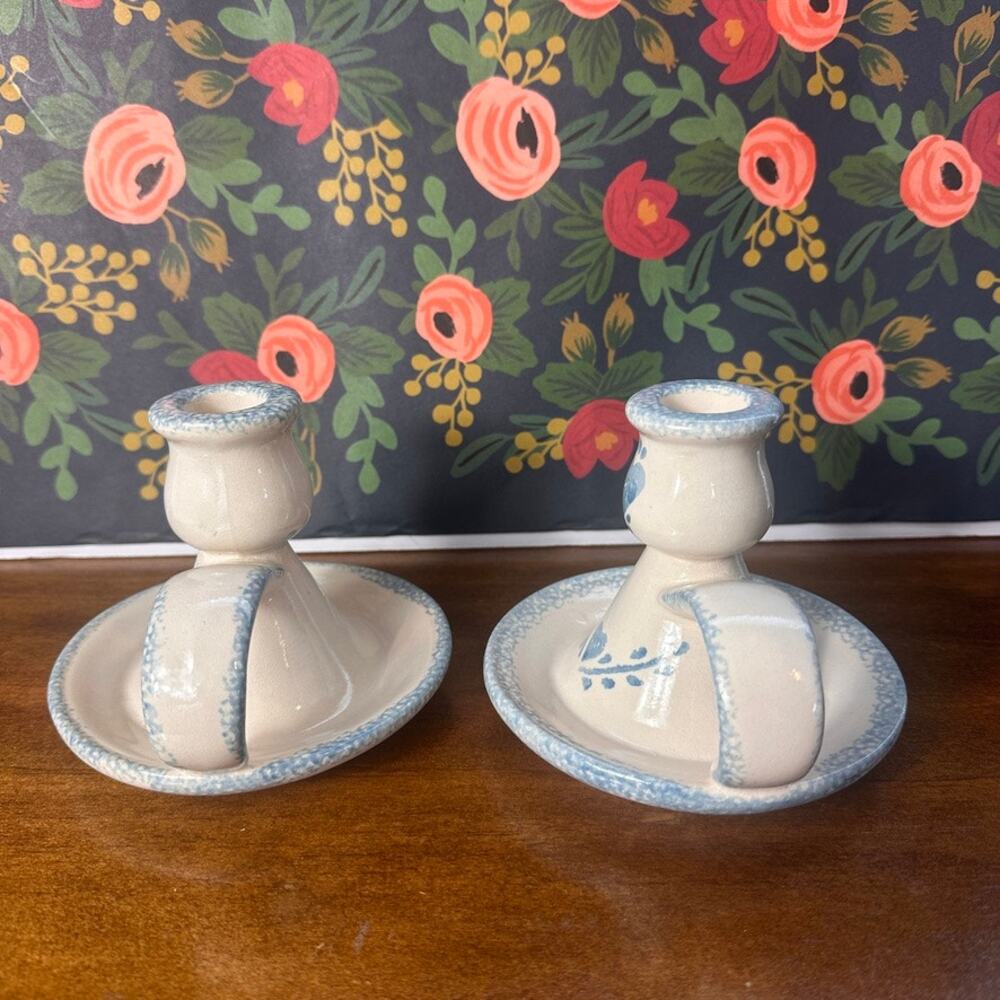 Vintage Hermitage Pottery Spongeware Cottage Heart Candle Holders – Set of 2 - Picture 2 of 8